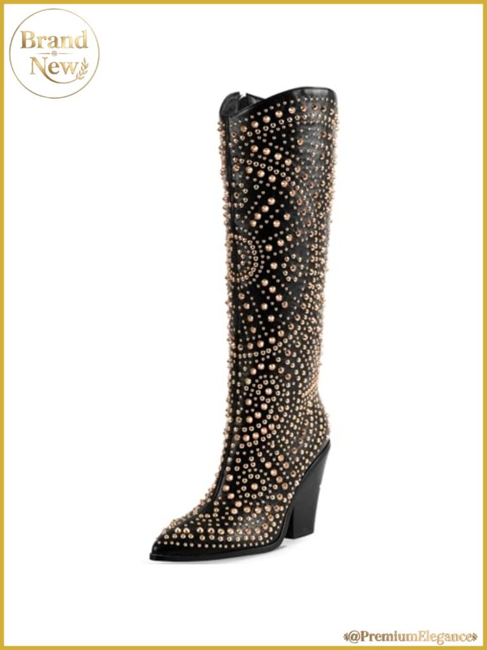 Women's Pointed Toe Chunky Heel Studded Knee-High Boots